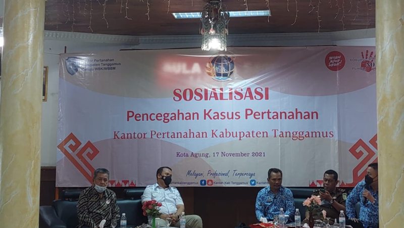 Kantor Agraria dan Tata Ruang/Badan Pertanahan Nasional (ATR/BPN) Kabupaten Tanggamus menggelar sosialisasi pencegahan kasus pertanahanan di Hotel 21 Gisting, Tanggamus, Rabu (17/11/21). Ist